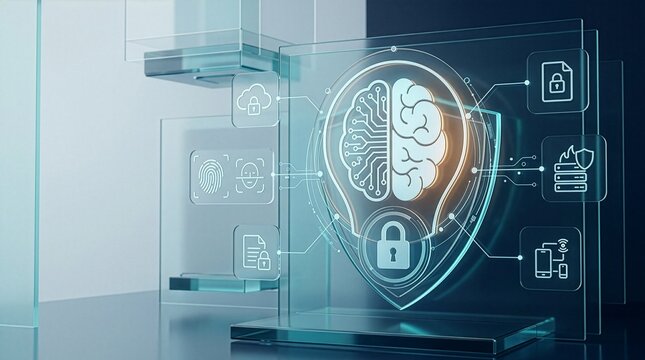 Artificial intelligence AI security system hologram with brain, lock, shield, and technology icons on transparent glass panels
