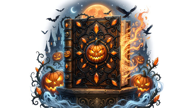 Magic spellbook with pumpkin carving and glowing crystals for spooky fantasy decorations.