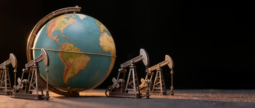Vintage globe oil economics concept with miniature pumpjacks evoking industry impact