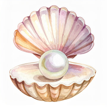 Hand-drawn watercolor painting of beautiful pearl inside open seashell, isolated on white background, artistic botanical illustration style.
