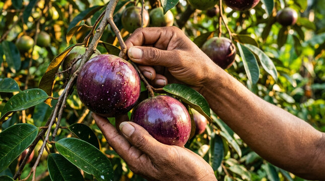 Hands picking ripe star apples from a tree, tropical fruit harvest
