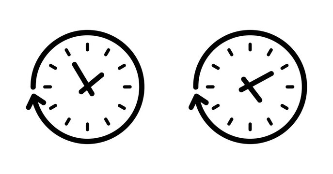 Two wall clocks with circular faces and hands depict time reversal