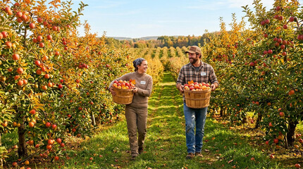 Fototapeta premium Couple picking apples in an orchard during autumn harvest