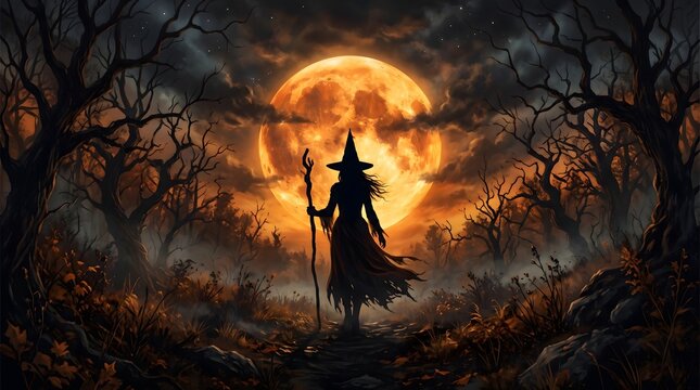 Silhouette of a mysterious witch standing in a dark forest with a large glowing orange full moon
