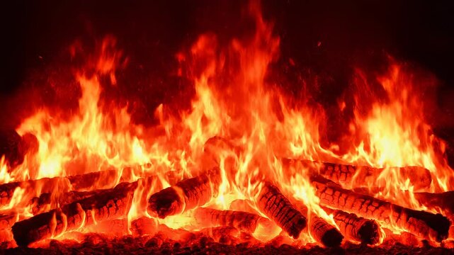 Fiery campfire logs burning intensely with vibrant orange flames against a dark background in cinematic motion