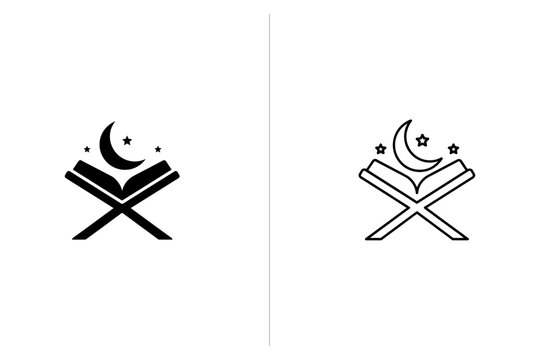 Quran on rehal book stand with crescent moon and stars, silhouette and outline