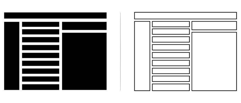 Website wireframe layout with sidebar and blocks, transparent background
