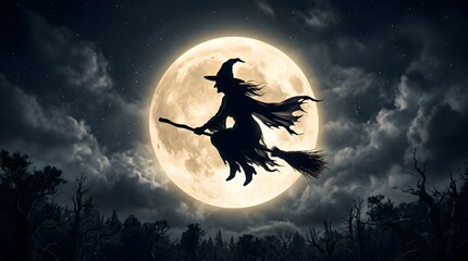 Fototapeta premium Silhouette of a witch flying on a broomstick against a large full moon in a cloudy night sky