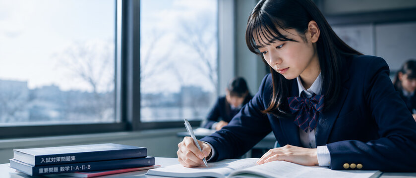 教室で受験勉強に取り組む女子高校生　冬期講習・大学受験イメージ