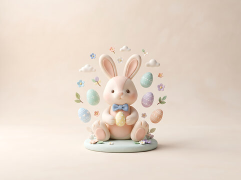 Cute bunny figurine with pastel eggs and flowers for Easter decor