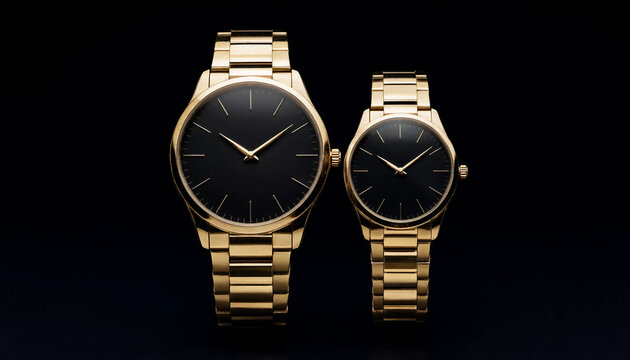 Two luxury gold wristwatches with black dials isolated on a dark background