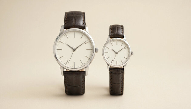 Two elegant wrist watches with brown leather straps for men and women