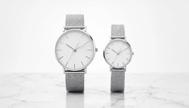 Two luxury wrist watches with marble pattern straps standing on a marble surface