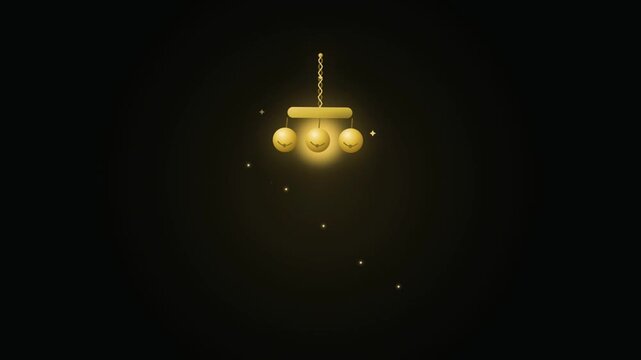 Minimalist golden chandelier hanging in the dark with glowing light particles.