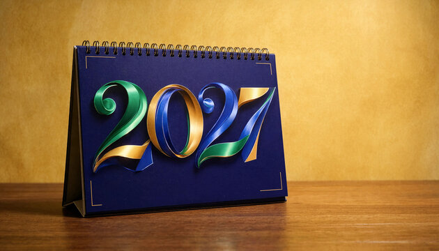 Blue desk calendar with shiny 2024 text numbers on a wooden table