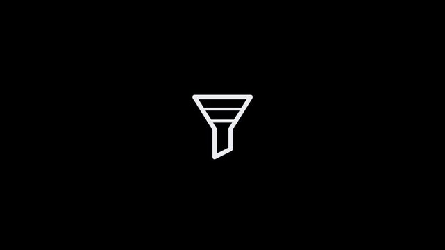 Minimalist white line art funnel icon on a solid black background.