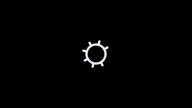 Minimalist white sun icon isolated on a solid black background.