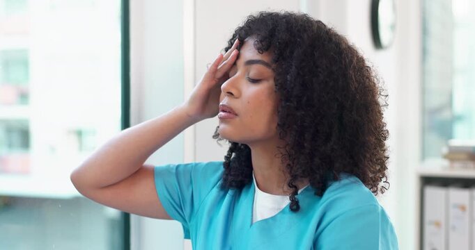 Nurse, window and woman with headache for stress, bad procedure or loss in hospital office. Tired, female person or healthcare worker with migraine or disappointment for medical failure in clinic