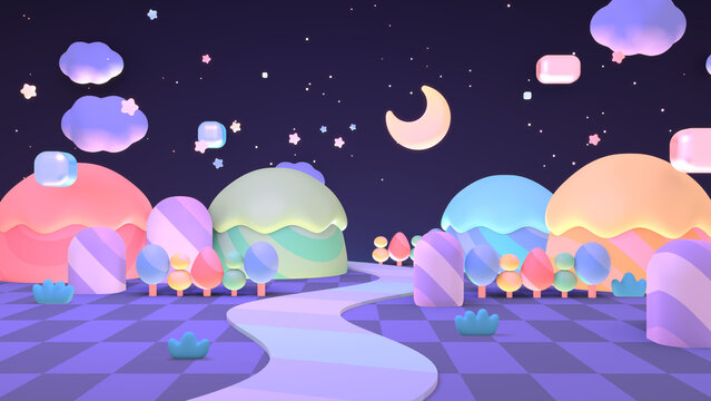 3D render of mini cartoon mountain world at night.