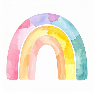 Minimalist hand-painted watercolor rainbow illustration, simple colorful curved shapes, soft pastel colors, cute childish drawing style, white background, friendly and joyful children book artwork.