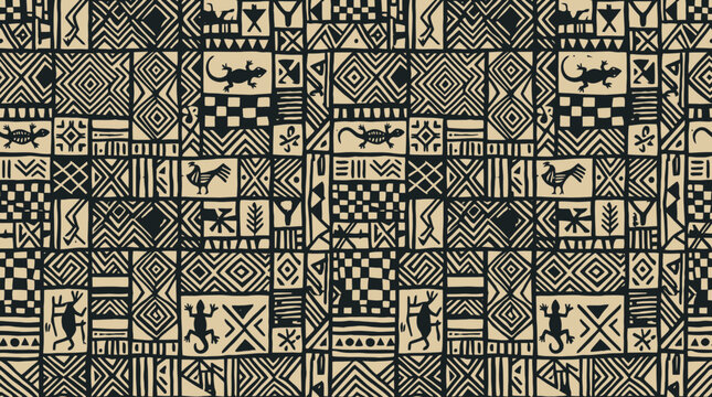 African bogolan mud cloth pattern with lizards and roosters