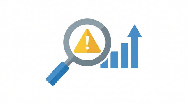 Financial risk management illustration showing magnifying glass over warning sign and rising growth bar chart icon