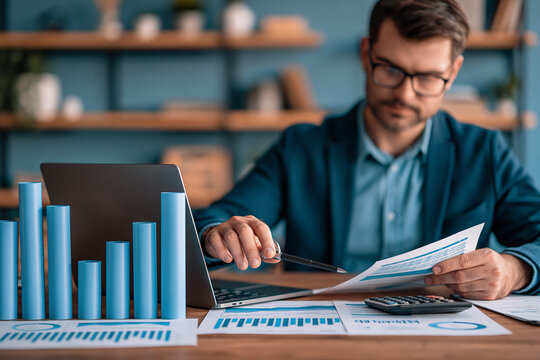 A focused professional man in a business suit reviews financial documents and data charts while sitting at a desk with a laptop and calculator