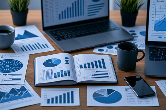 A workspace featuring laptops open notebooks with statistical charts coffee mugs and financial documents spread across a wooden desk suggesting a productive business environment