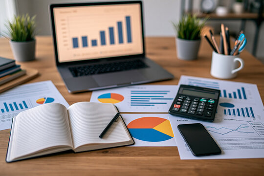 A high-angle shot of a desk workspace featuring a laptop with business charts financial reports a calculator a notebook and a smartphone for analysis