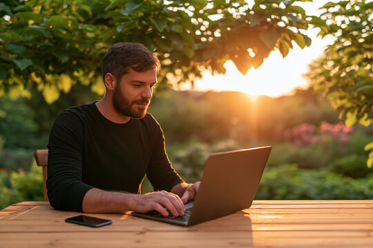 A man with a beard sits at a wooden table in a sun-drenched garden focused on his laptop while working during a warm golden sunset