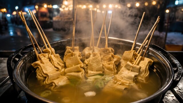 Korean street food skewers in hot broth pot, night market atmosphere