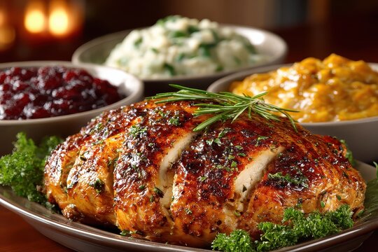 Delicious roast turkey breast with cranberry sauce and savory sides