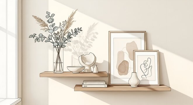 Modern wooden floating shelves with abstract art and dried plants