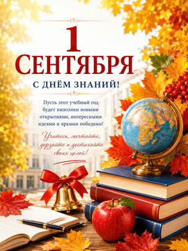 September 1 Knowledge Day Greeting Card with School Books and Autumn Leaves