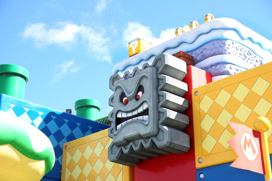 Super Mario themed colorful architecture at Super Nintendo World in Epic Universe Orlando