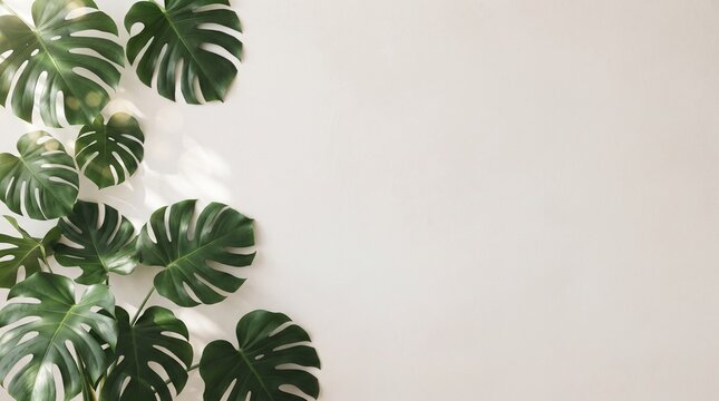 A flat lay top view of fresh green monstera leaves arranged on a light grey background with empty space for text or design elements included