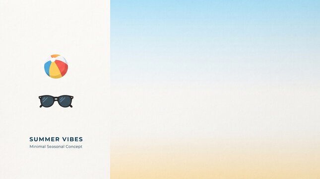 Minimalist summer concept featuring a colorful beach ball and stylish black sunglasses isolated on a soft pastel gradient background with ample copy space for text