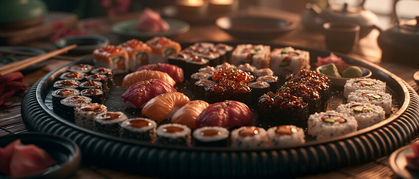 Assorted sushi and maki rolls arranged on a dark textured platter warm lighting nigiri sashimi japanese cuisine asian food seafood rice seaweed salmon