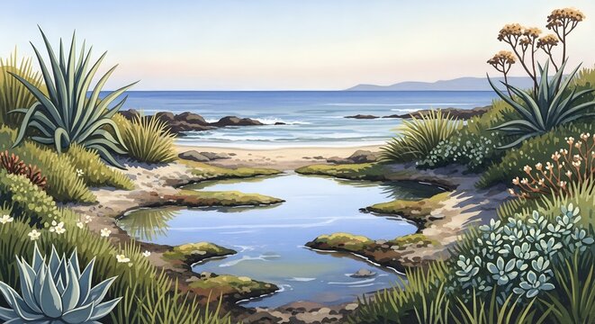 Peaceful coastal tide pool surrounded by agave and desert plants