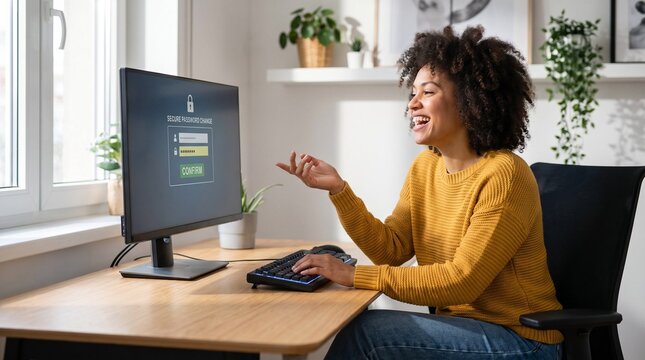 person changing password on a desktop, Young black woman smiling and using a computer at home office  