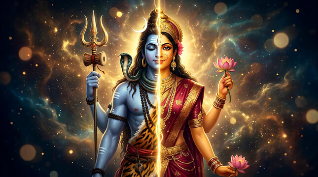 Ardhanarishvara the divine union of lord shiva and goddess parvati in cosmic splendor