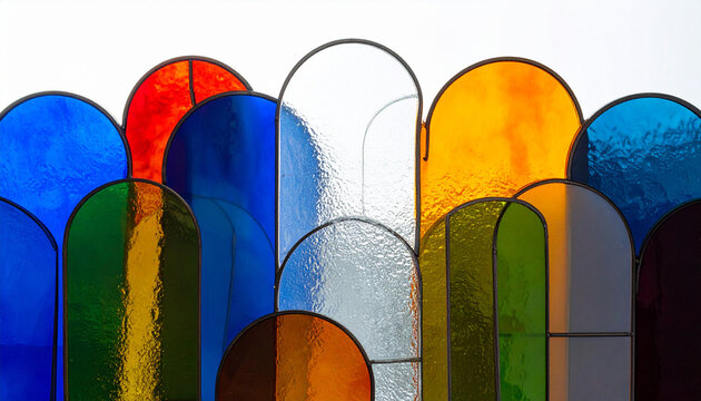 色鮮やかなステンドグラスのフォトリアル背景テクスチャ
Colorful stained glass background texture with realistic light transmission