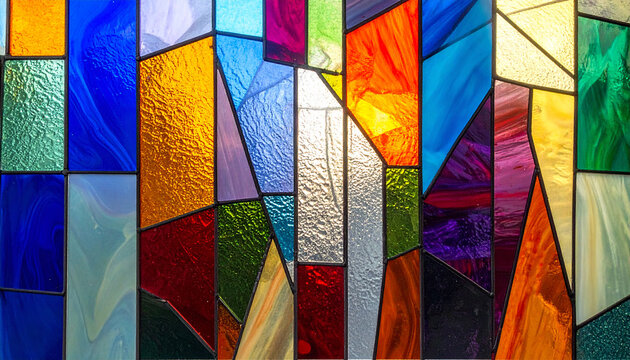 色鮮やかなステンドグラスのフォトリアル背景テクスチャ
Colorful stained glass background texture with realistic light transmission