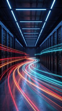 Data center server racks with glowing light trails representing fast data transfer