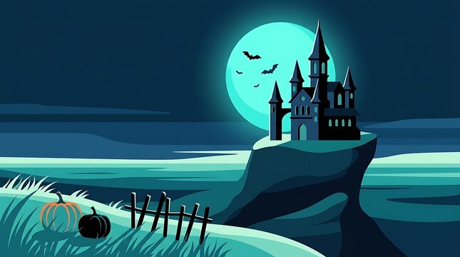 Haunted castle on cliff edge at night with blue moon and pumpkins, halloween