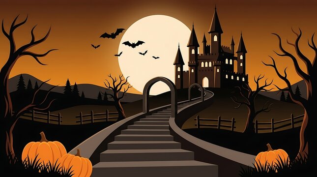 Spooky halloween castle silhouette landscape with pumpkins and full moon