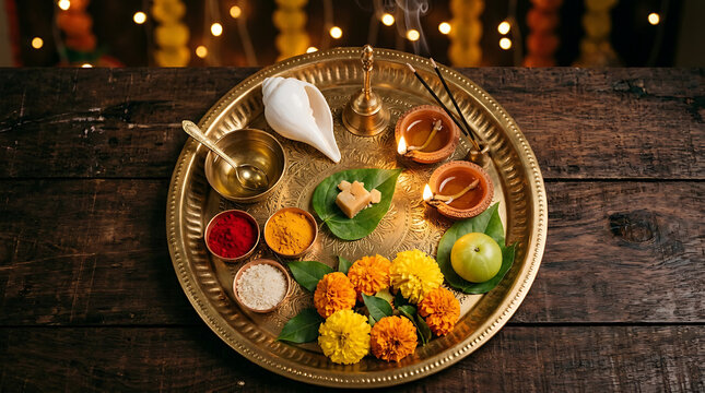 Traditional hindu puja thali with flowers, diyas, and offerings on a wooden table