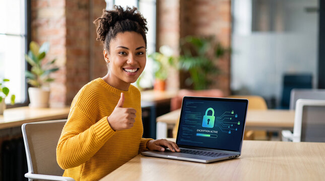 data encryption on a computer screen, Young black woman giving a thumbs up while using a laptop in an office  