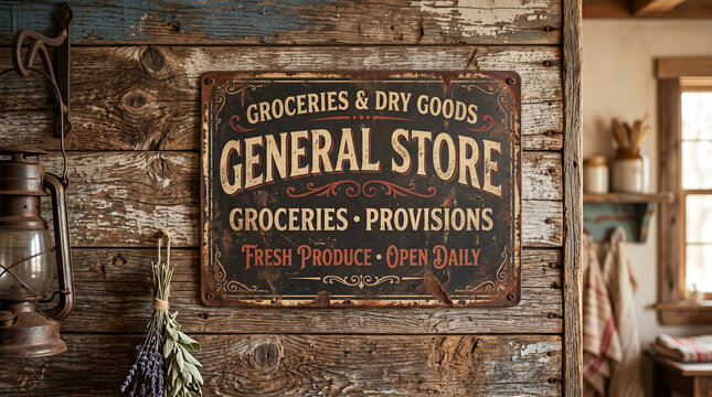 Vintage general store sign on rustic wooden wall in cozy shop  