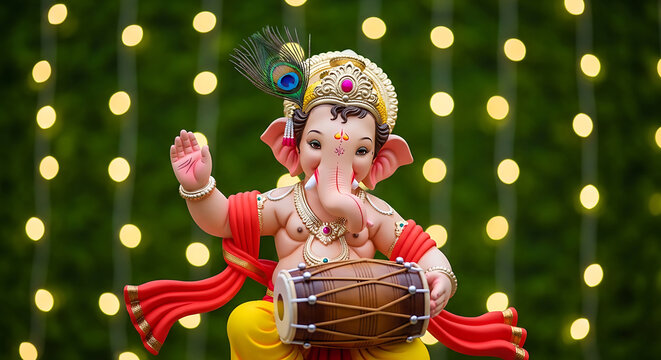 Lord ganesha idol playing dholak with peacock feather and bokeh background
